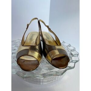 Siamanto Metallic Gold Bronze Slingback Heels Peep Toe‎ Party Event Shoes 9.5